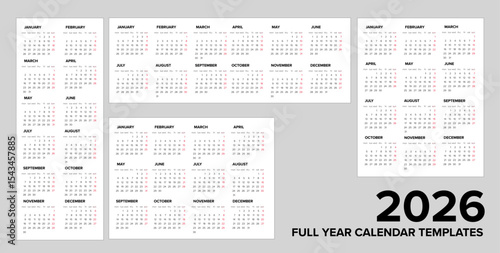 Set of 2026 full year calendar templates offering various layouts. Ideal for business planning or personal use with these 2026 calendar vector templates.