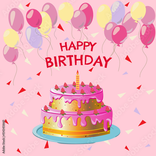 Cheerful happy birthday celebration with cake, balloons, confetti, and colorful decoration, celebrating a special milestone event
