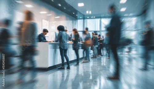 Blurred figures wait at a white desk in a modern bright building lobby