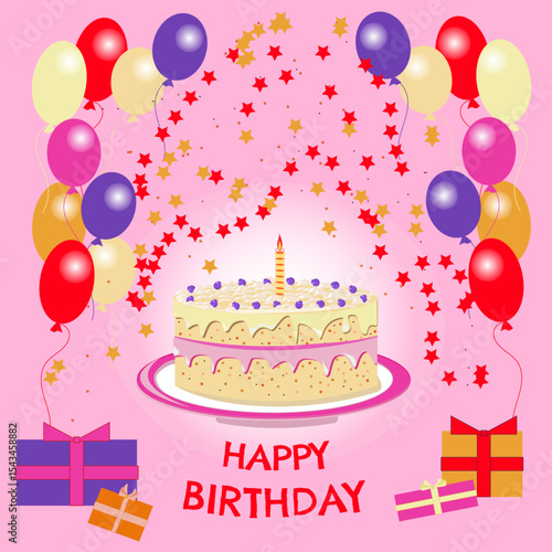 Cheerful happy birthday celebration with cake, balloons, confetti, and colorful decoration, celebrating a special milestone event
