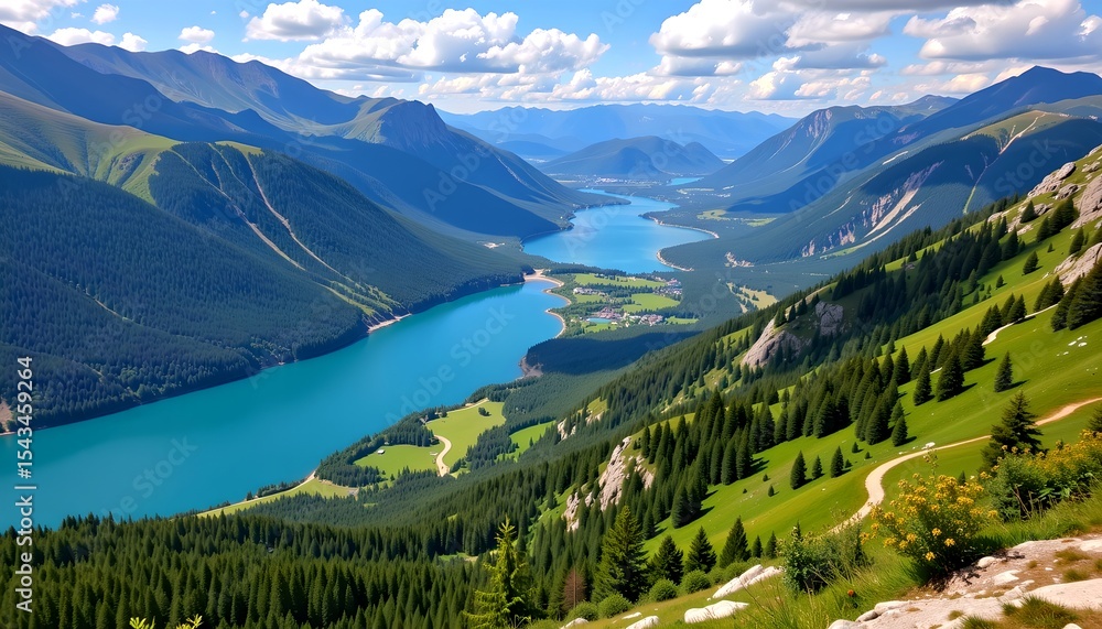 Obraz premium A breathtaking landscape featuring a majestic lake surrounded by mountains, evoking a sense of awe and wonder