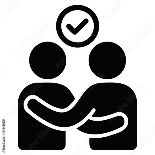 Two silhouetted figures embracing with a check mark above symbolizing agreement or approval is shown on transparent background
