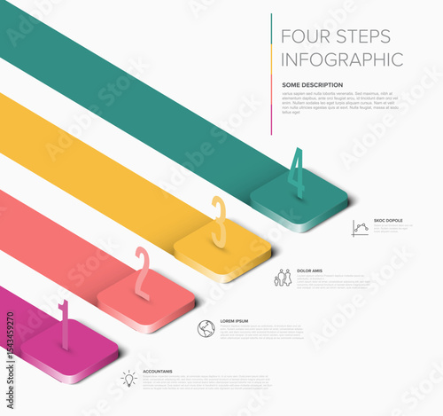 This four steps infographic diagram shows a process or stages with numbers 1 to 4. Use this infographic diagram for presentations showing a four-step process.