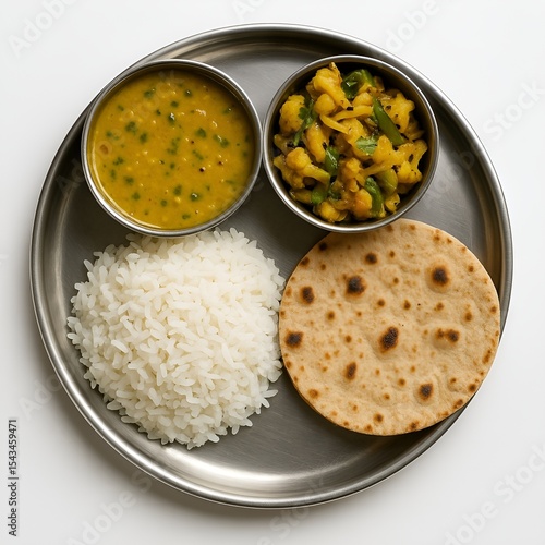 Traditional Indian Thali with Dal, Rice, Roti, and Vegetable Curry on White Background

