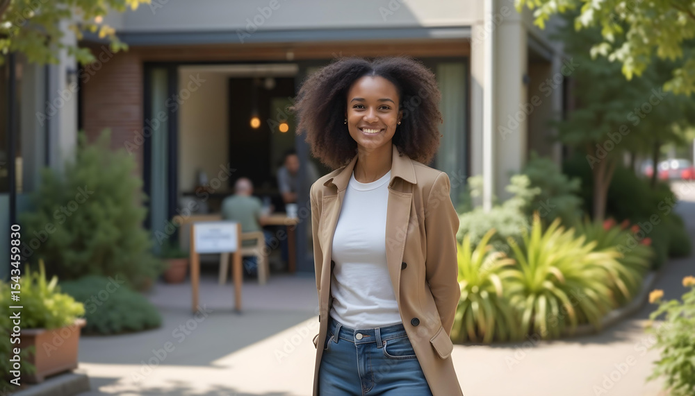 Smiling Black woman in beige blazer standing confidently on green residential street Smiling Black woman in beige blazer standing confidently on green residential street