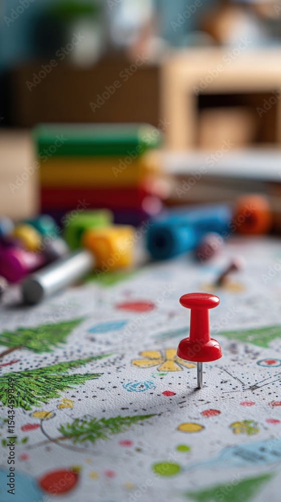 Fototapeta premium Exploring Play-Based Learning with Red Pushpin on Child's Illustrated Map Surrounded by Markers and Toys