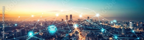 A city skyline at night with a network of interconnected lights.