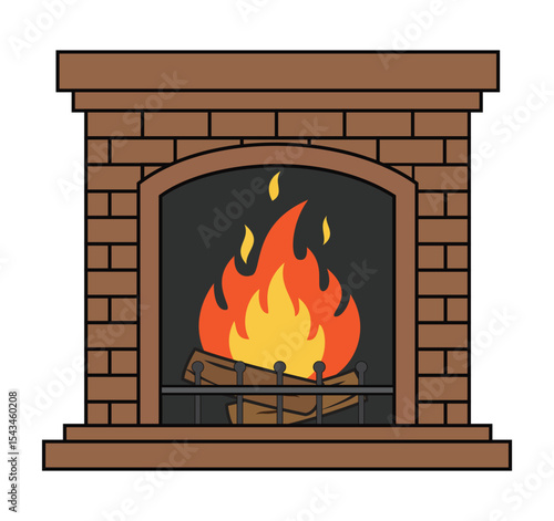 Brick fireplace with roaring fire, a cozy cartoon illustration featuring a classic hearth with burning logs, perfect for home, warmth, and relaxation themes