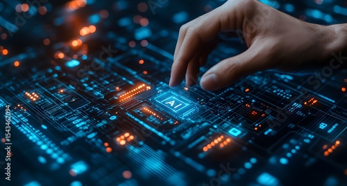 Human hand activates glowing AI button on complex futuristic cir