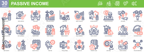 "Passive Income" Collection of 30 icons related to Net Profit,Rental Service,Earn Money,Compound Interest,Index Fund. Vector illustration, Simple Outline Color Style