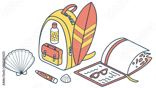 Illustration of a yellow backpack with a surfboard, sunscreen, book, and beach themed items displayed
