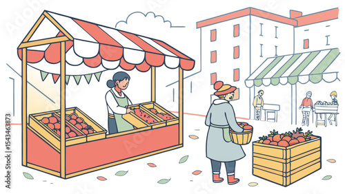 Illustration of a farmer's market scene with vendors selling produce and customers browsing the stalls