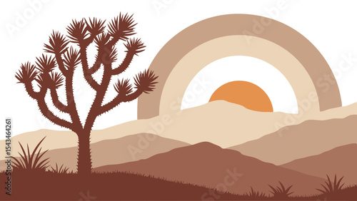 Silhouette of joshua tree with mountains and rainbow in a desert landscape at sunset view scene