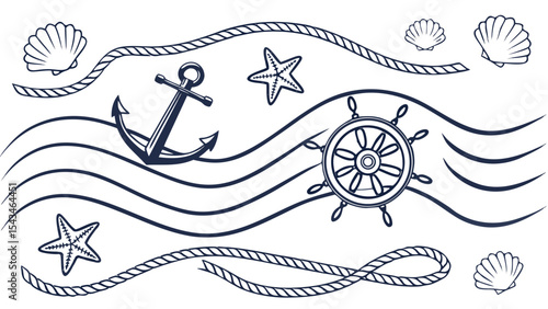 Nautical themed illustration featuring an anchor, ship wheel, starfish, shells, ropes and waves design