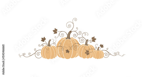 Cluster of Decorative Pumpkins with Swirling Vines and Autumn Leaves in Cozy Autumn Setting