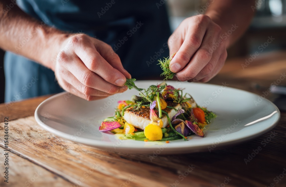 Chefs hands add greens to a gourmet fish dish on a rustic wood table Chefs hands add greens to a gourmet fish dish on a rustic wood table