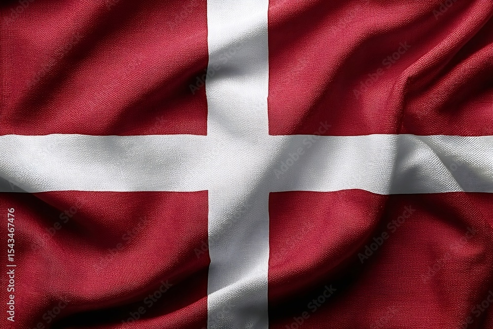 Fototapeta premium Realistic 3d render of the danish flag, or dannebrog, gently waving in the wind, showcasing a white scandinavian cross on a red background, symbolizing national identity
