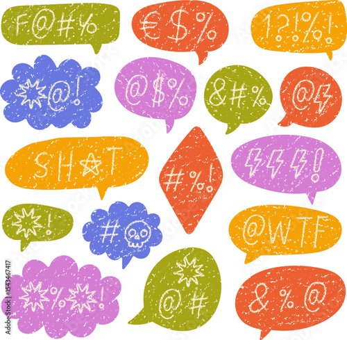Colorful crayon speech bubbles with angry swearing symbols