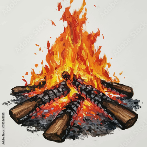 Vivid campfire painting with bright orange flames and charred logs on white background.