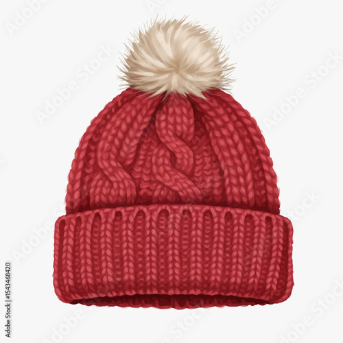 Cozy red knitted winter hat with a fluffy cream-colored pompom on a white background.