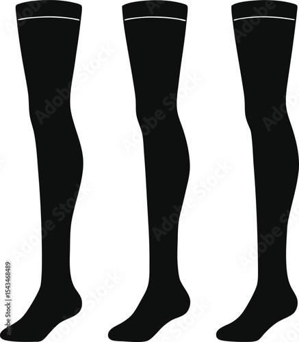 Technical Drawing of Three Black Opaque Thigh High Socks Fashion Design