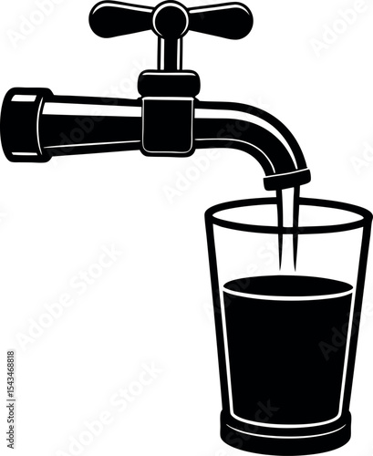 Faucet filling glass with water black and white silhouette vector illustration