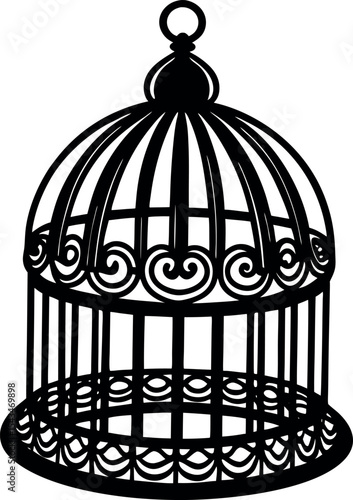Ornate vintage birdcage detailed black silhouette vector illustration
