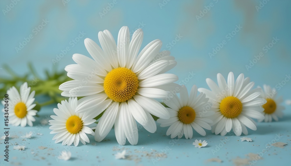 Obraz premium This charming image features a white daisy bouquet with vibrant yellow centers, delicately arranged against a soft light blue historical background. The simple yet elegant composition radiates 