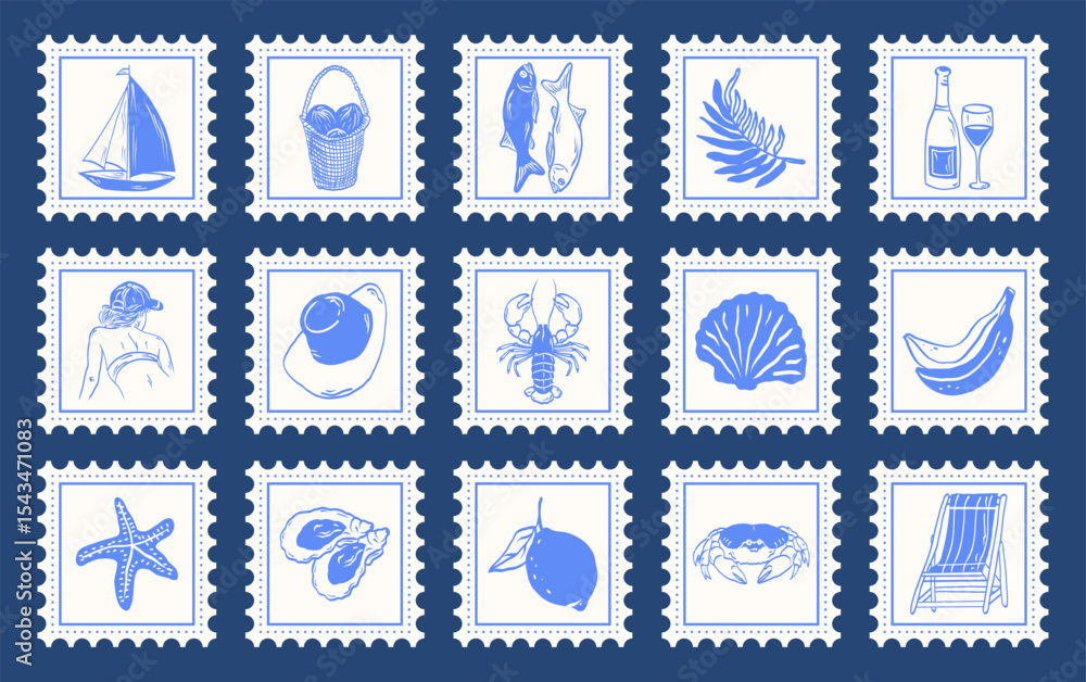 Fototapeta premium Vintage Italian mediterranean summer stamps. Hand drawn retro frame border element design. Engraving emblem, placard or poster.