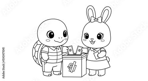 Turtle and rabbit voting coloring page for kids educational activity sheet fun printable art 90 on transparent background