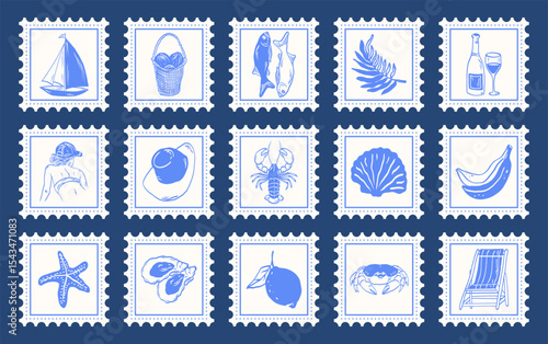 Vintage Italian mediterranean summer stamps. Hand drawn retro frame border element design. Engraving emblem, placard or poster.