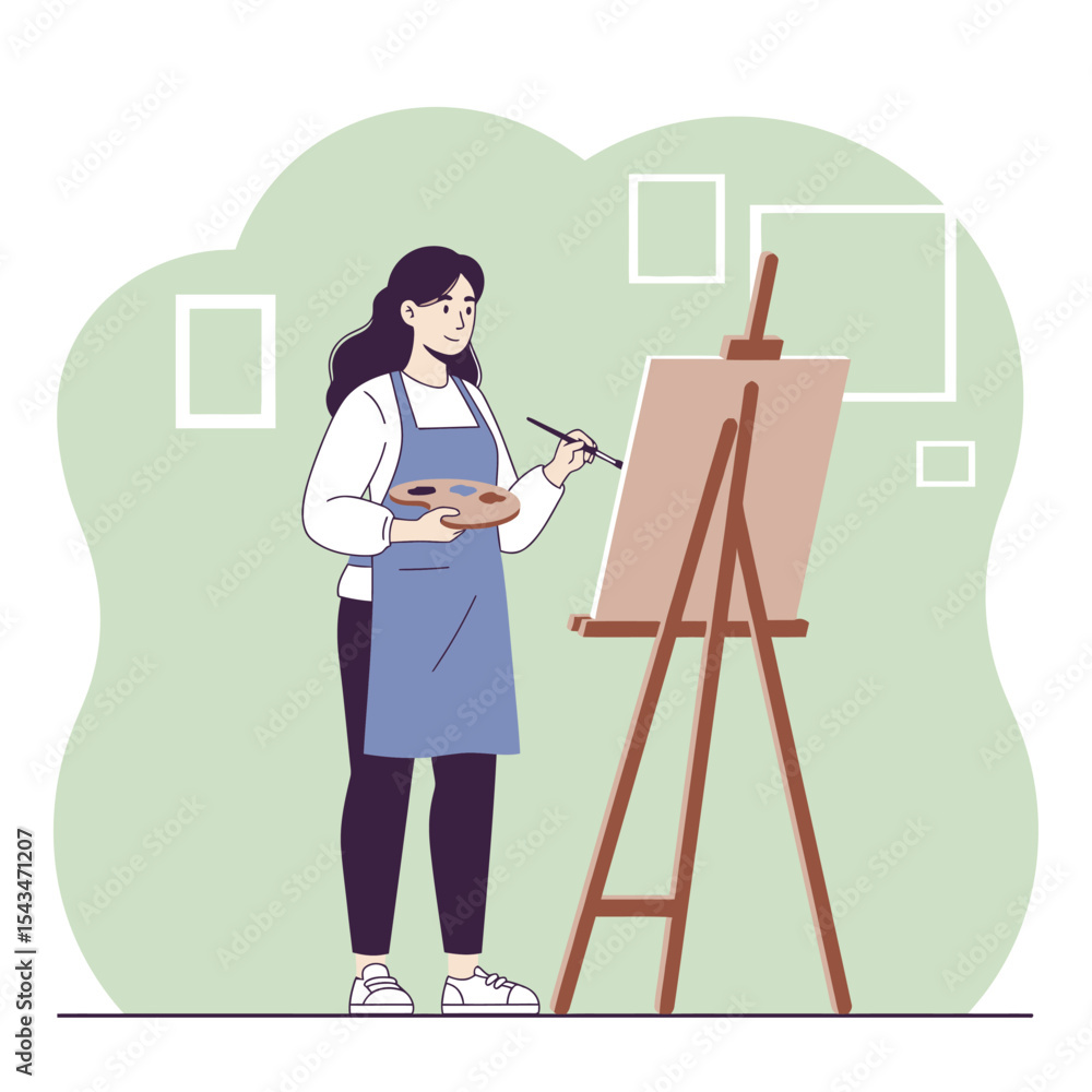 Young Woman Artist Painting on Canvas with Easel. 2 Young Woman Artist Painting on Canvas with Easel. 2
