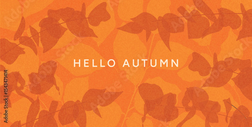 Flat autumn foliage background with overlapping orange leaves and dark botanical silhouettes. Warm seasonal pattern in minimalist style. For greeting, banner, wallpaper, card, header. Vector