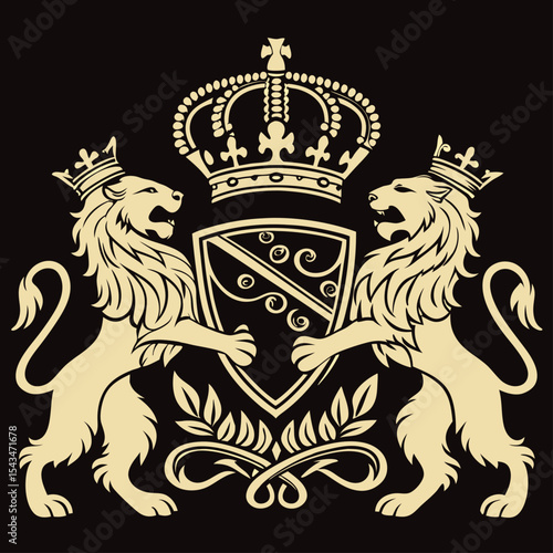 Golden Royal Lions Heraldic Crest with Crowns and Shield