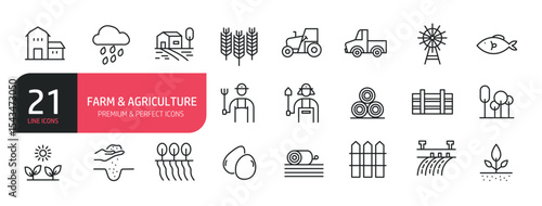 Set of line icons related to farmer, farm house, hay bale, wind mill, garden. Outline icons collection. Editable stroke. Vector illustration.