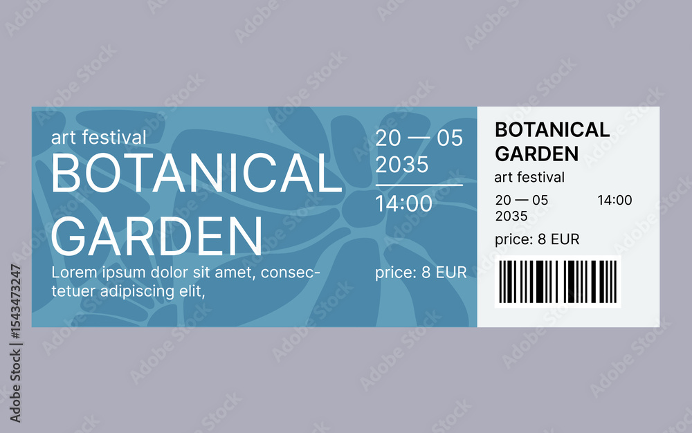 Obraz premium Modern ticket template design. Ticket for art festival, exhibition, concert. Design with abstract flower background. Soft pastel colors.