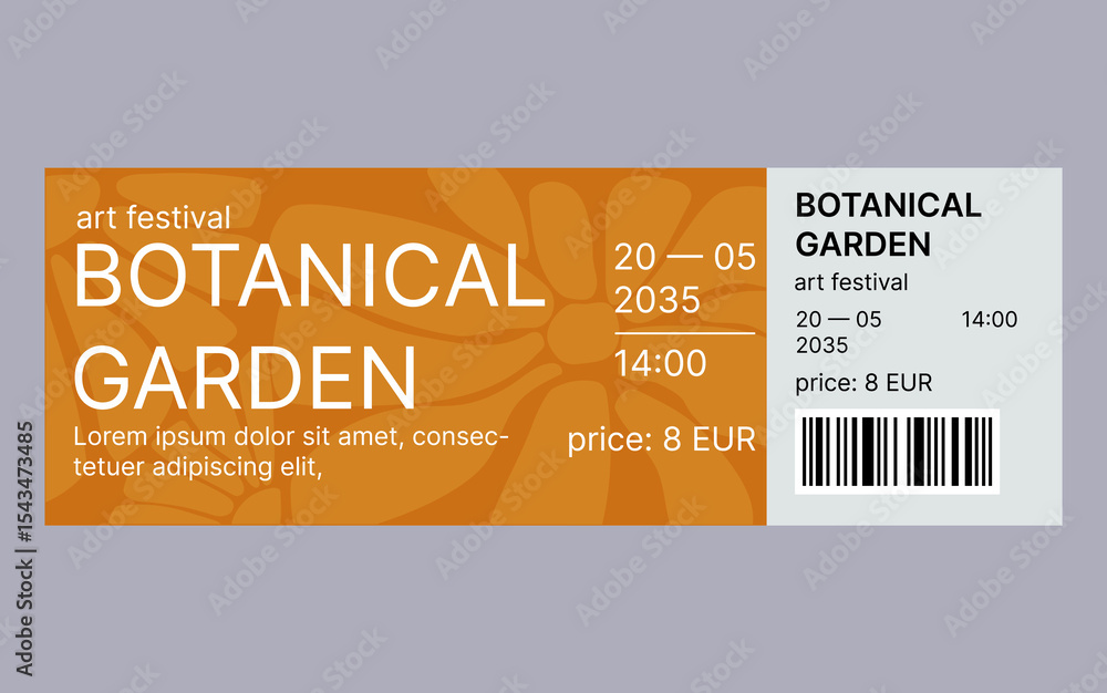 Fototapeta premium Modern ticket template design. Ticket for art festival, exhibition, concert. Design with abstract flower background. Soft pastel colors.