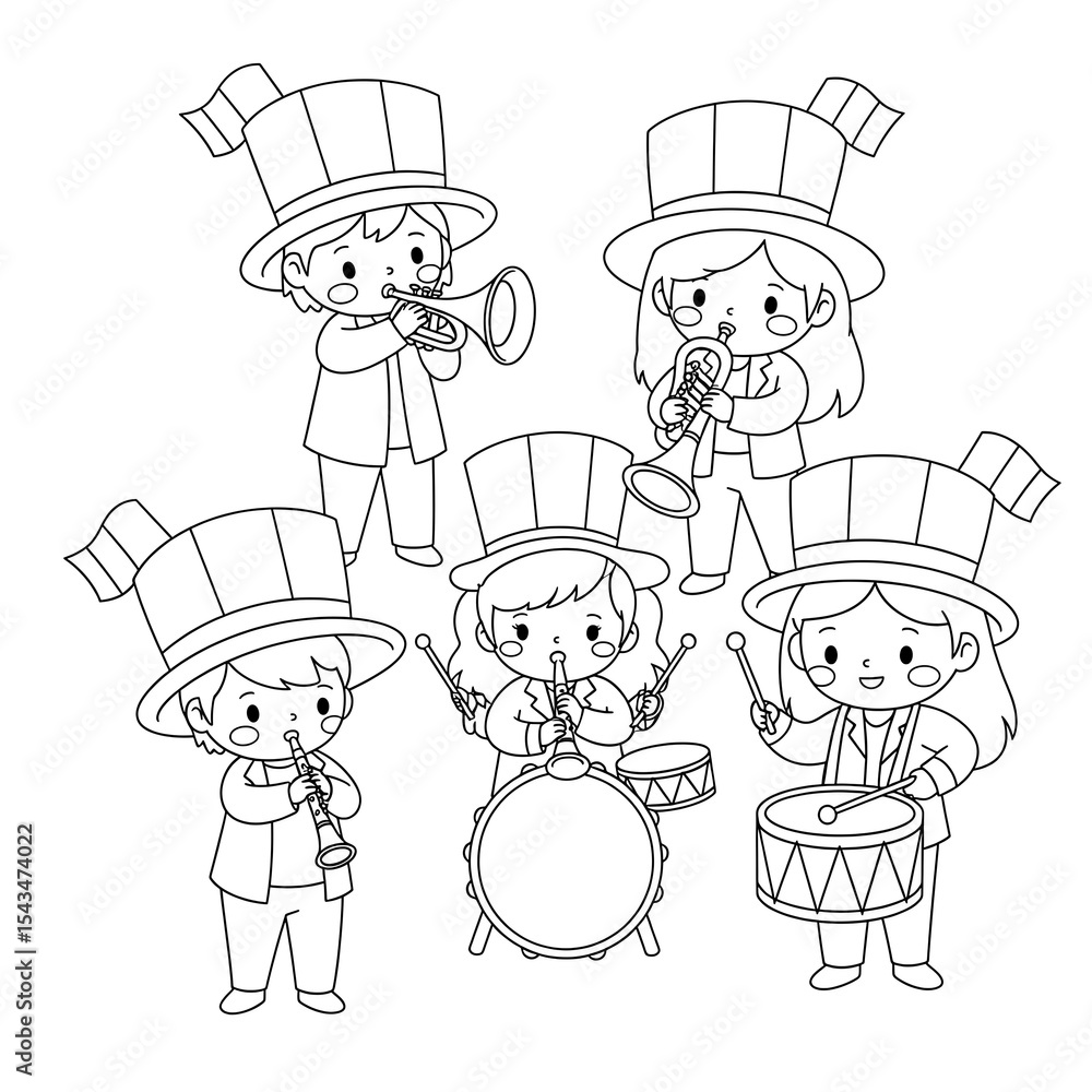Fototapeta premium Kids marching band coloring page vector illustration for children activity and book cover on transparent background