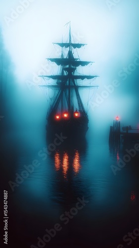 Wallpaper Mural Silhouetted Pirate Ship with Neon Red Lanterns Approaching Foggy Port at Night perfect for fantasy book covers, ghost ship tales, maritime horror campaigns, and dark adventure storytelling Torontodigital.ca