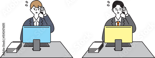 パソコン作業をする男性社員がトラブルで焦っているイラストセット