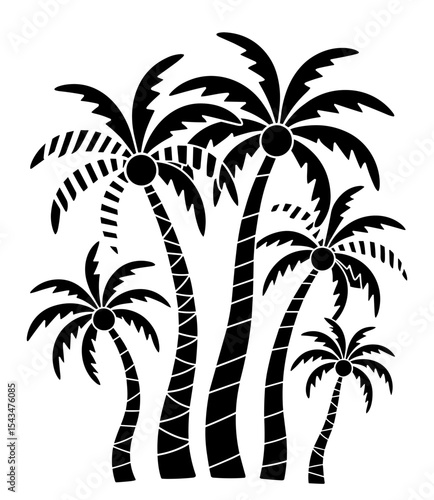 Abstract funky style black palm tree silhouettes, isolated on white. Bold tropical design perfect for summer, beach, retro, and modern graphic projects.