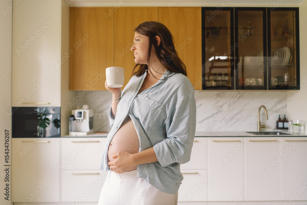 Pregnant woman in a cozy kitchen gently holding her pregnant belly, reflecting on impending motherhood in a serene atmosphere Pregnant woman in a cozy kitchen gently holding her pregnant belly, reflecting on impending motherhood in a serene atmosphere
