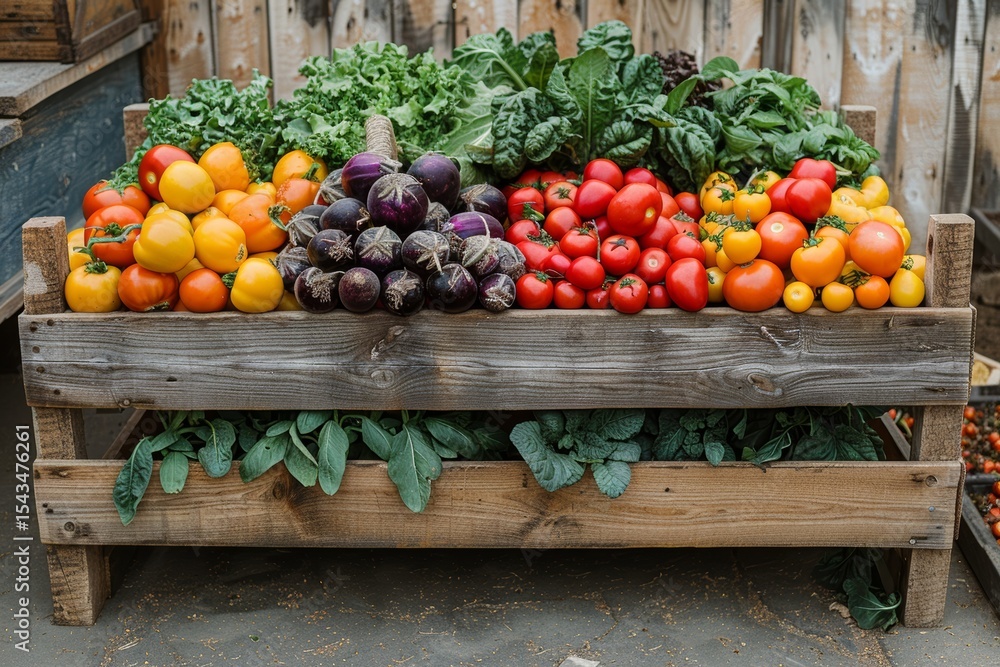 Colorful variety of fresh vegetables displayed at a farmers market in a rustic setting during a sunny afternoon Colorful variety of fresh vegetables displayed at a farmers market in a rustic setting during a sunny afternoon
