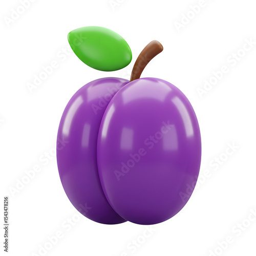 Glossy purple plum with a green leaf and brown stem on a white background