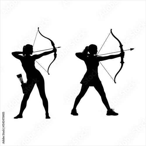 Two female archers in silhouette, poised for an arrow release.