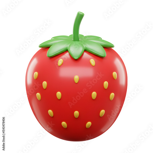 Vibrant, Glossy, Cartoon Strawberry with Green Stem and Yellow Seeds