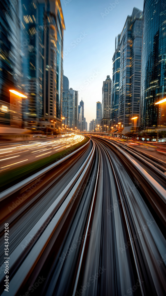 Fototapeta premium Elevated train tracks disappearing into the urban cityscape, blurring light trails of passing transport add to dynamism.