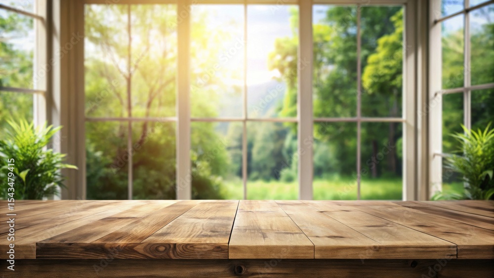 Sunlit Wooden Tabletop Against a Vibrant Green Landscape Seen Through a Large Window