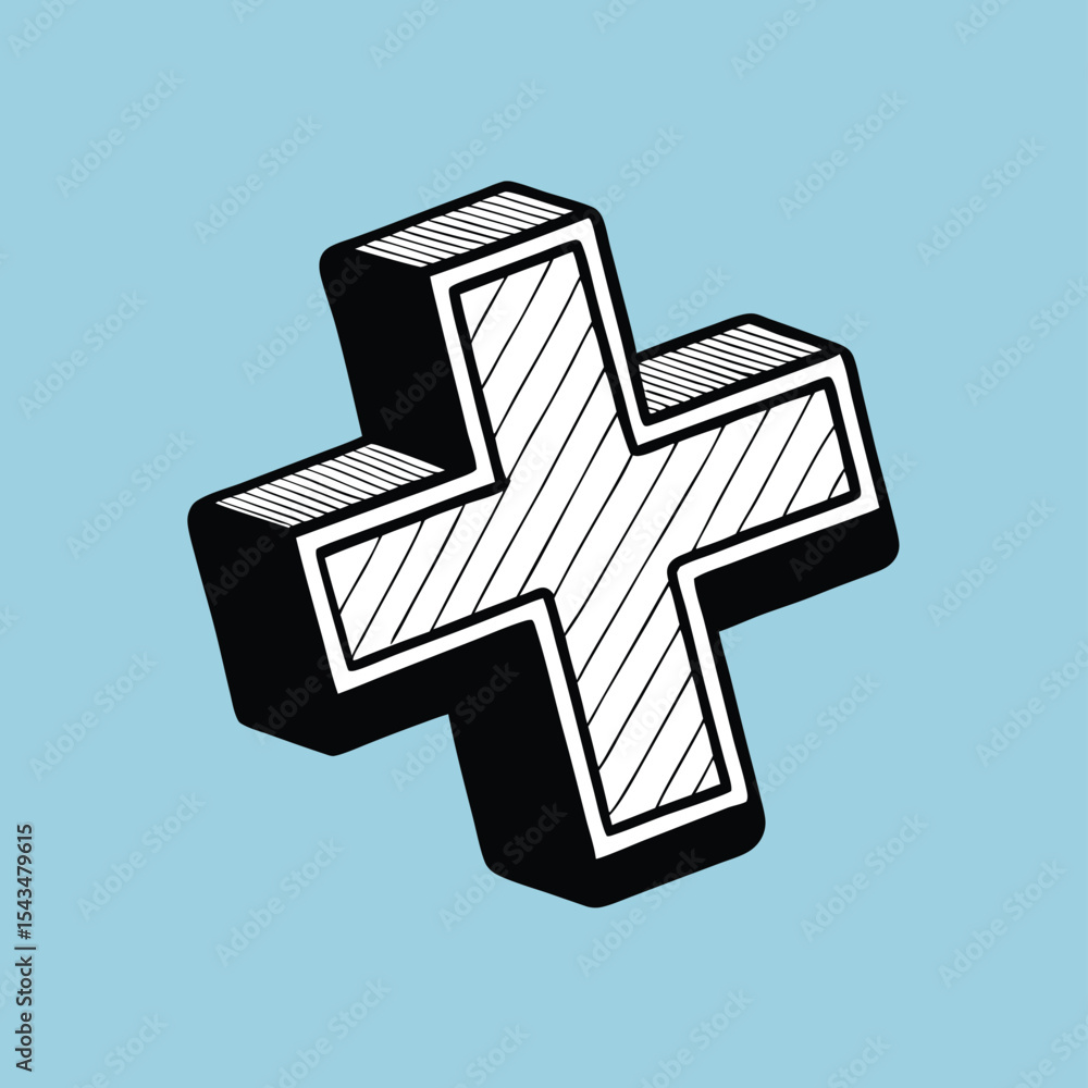 Fototapeta premium Isometric Hand-Drawn Plus Sign: Bold Outline, Hatch Fill, Light Blue Background – Simple Math Symbol with 3D Effect, Vector Illustration for Design Elements