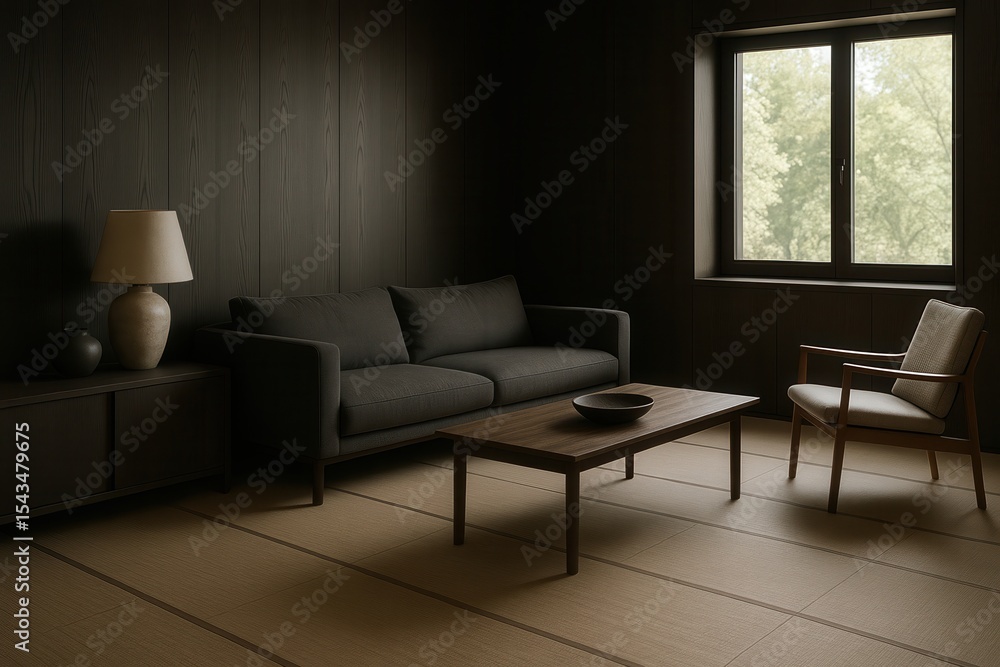 Fototapeta premium Minimalist living room design with tatami mats, dark wood furniture, and natural light